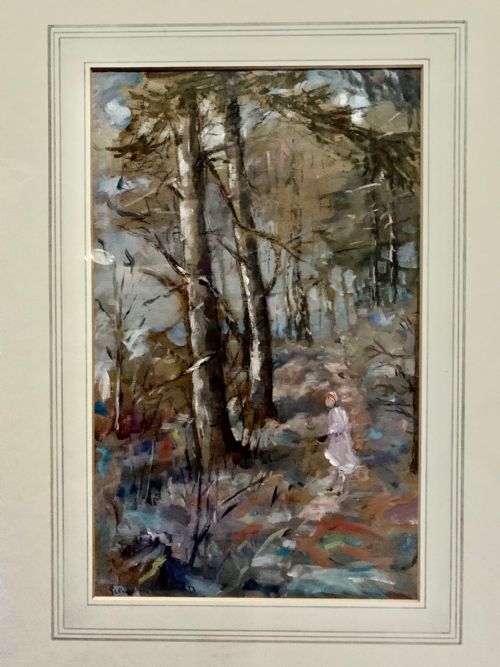 fig 1. Sine Mackinnon - Woodland Path with Figure - Gouache