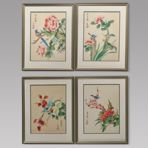 A Very Attractive Set of Four Chinese Watercolours on Silk Pictures