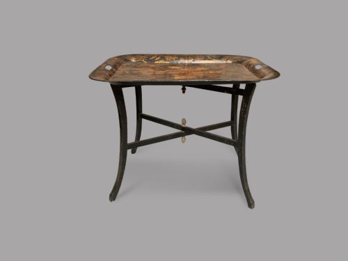 A Lovely Chinoiserie Black and Gold Toleware Tray on Stand