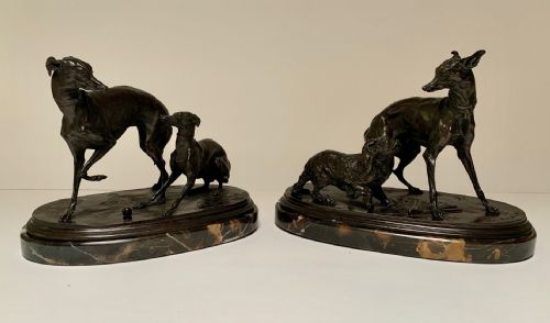 Pierre Jules Mene - Bronze Pair of Whippet,greyhound and Spaniel