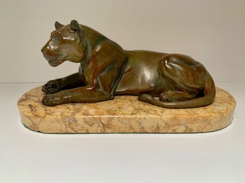 Irene Rochard - Art Deco Patinated Spelter of a Recumbent Lioness