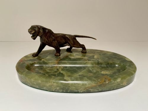 Art Deco Brazilian Onyx Desk Tidy with Bronze Tiger