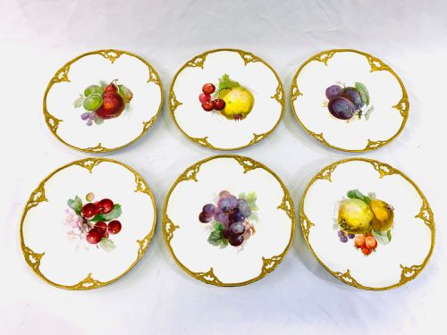 A Set of Six K.p.m Cabinet Plates Decorated with Fruit and Gilt Border