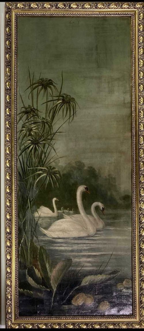 fig 1. Pair Oils On Canvas - Swans & Egrets - signed and Dated 1898