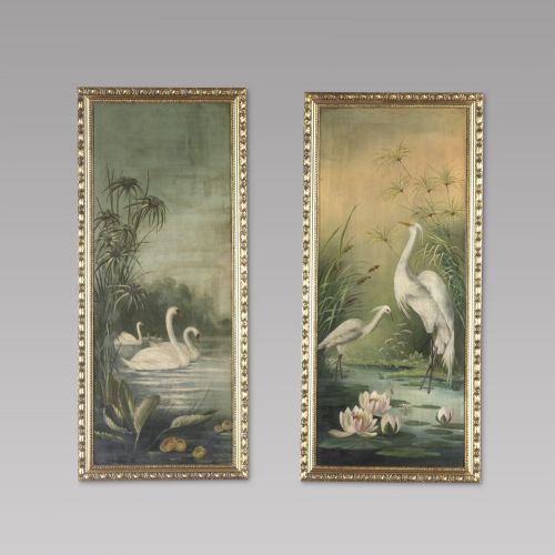 Pair Oils on Canvas - Swans & Egrets - Signed and Dated 1898