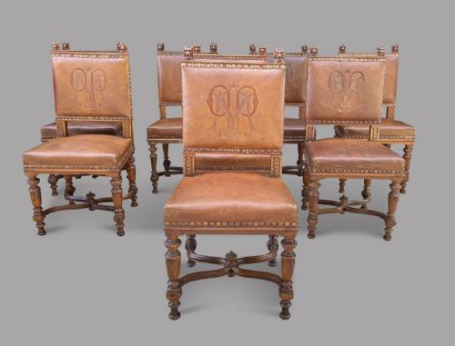 A Set of Eight C1900 Oak Leather Dining Chairs
