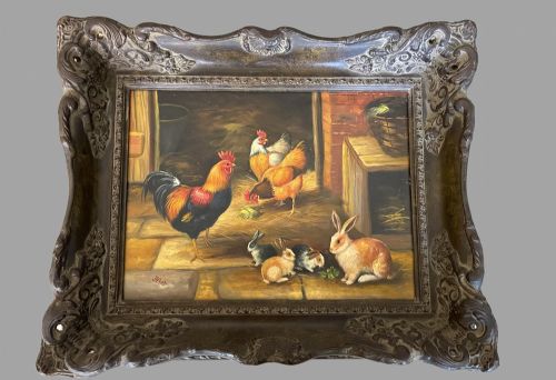 A Farmyard Scene - Oil on Canvas with Chickens and Rabbits Signed Hunt