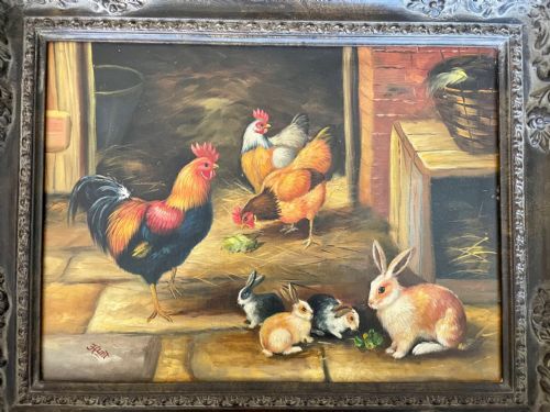 fig 1. A Farmyard Scene - Oil On Canvas with Chickens and Rabbits signed Hunt