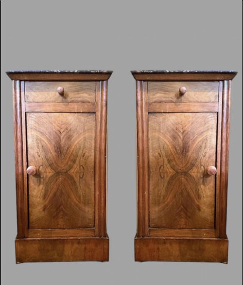 A Pair of French Walnut Marble Topped Bedside Tables