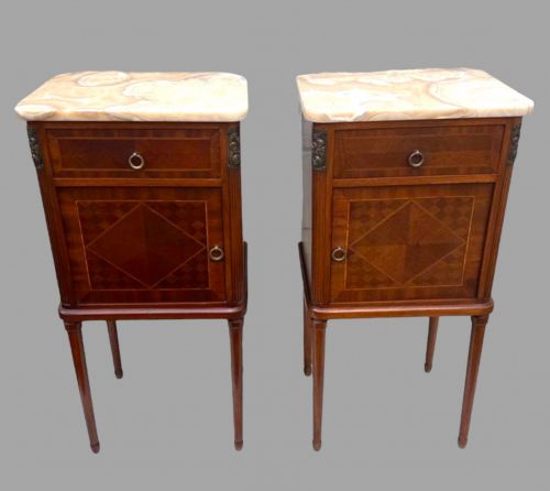 A Pair of French Inlaid Mahogany Bedside Tables