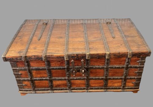 A 19thc Solid Teak and Iron Banded Trunk
