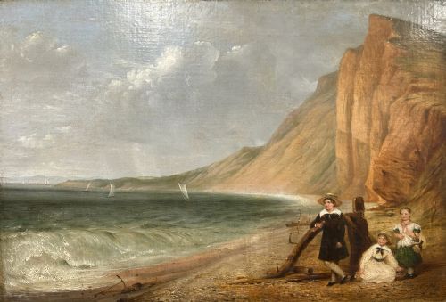 John Bridges - Charming Oil of Children in a Coastal Scene 1843