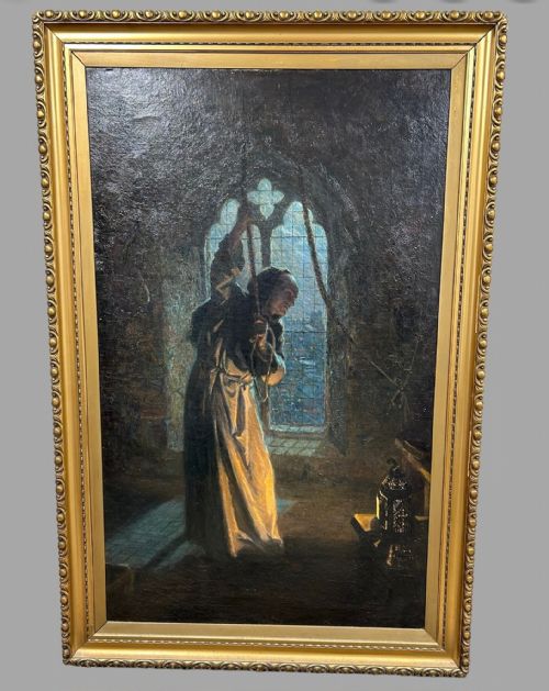 Karl Heilig 19thc - Large Oil on Canvas - Monk Bell Toiling