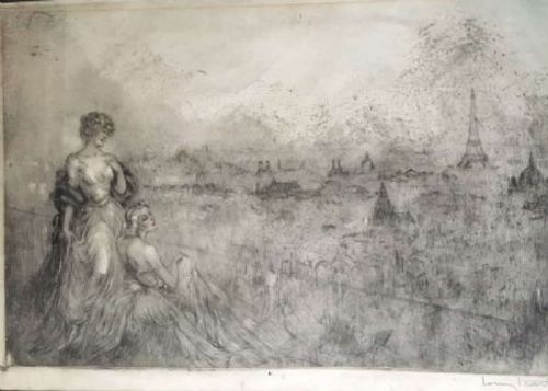 fig 1. A framed monochrome Art Deco etching depicting two figures in period dress overlooking the skyline of Paris with the Eiffel Tower.