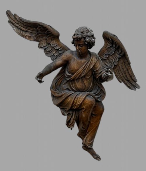 A Very Large Late 17th Century Flemish Oak Figure of Winged Angel