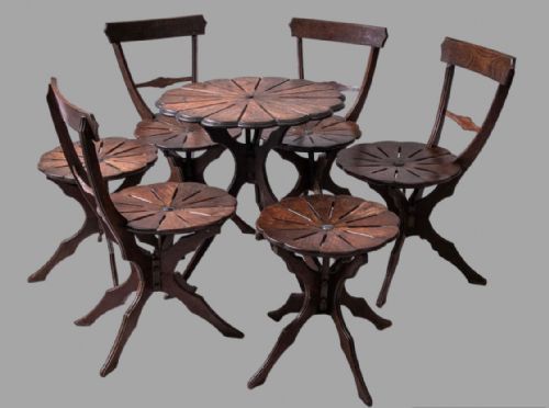 A Set of Oak Chairs & Stools with Matching Table