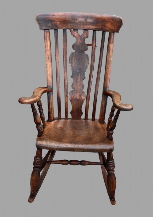 A 19th Century Ash and Elm Splat Back Windsor Rocking Armchair