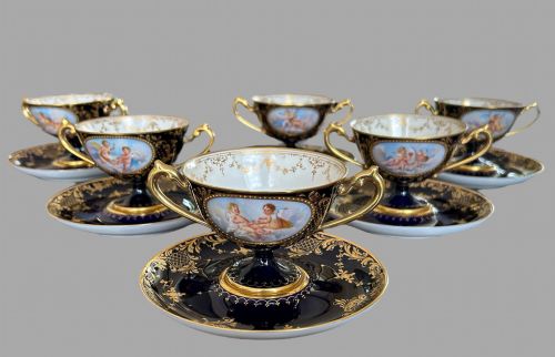 A Set of 19thc Porcelain Double Handled Cup and Saucers
