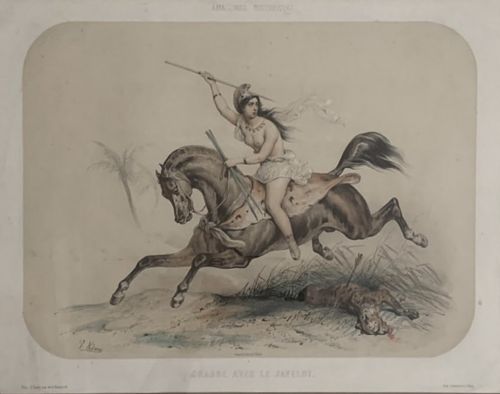 fig 1. A set of six framed nineteenth-century lithographs depicting classical Amazon riders on horses, presented in dark timber frames with gilt inner slips.
