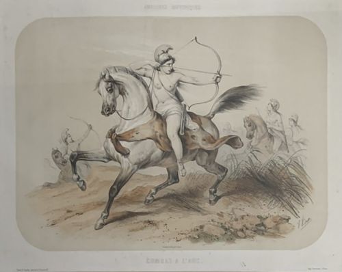 fig 3. A set of six framed nineteenth-century lithographs depicting classical Amazon riders on horses, presented in dark timber frames with gilt inner slips.