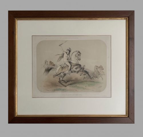 fig 4. A set of six framed nineteenth-century lithographs depicting classical Amazon riders on horses, presented in dark timber frames with gilt inner slips.
