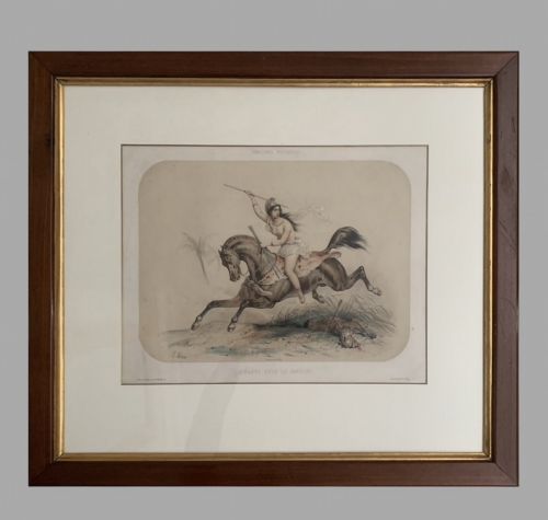 fig 5. A set of six framed nineteenth-century lithographs depicting classical Amazon riders on horses, presented in dark timber frames with gilt inner slips.