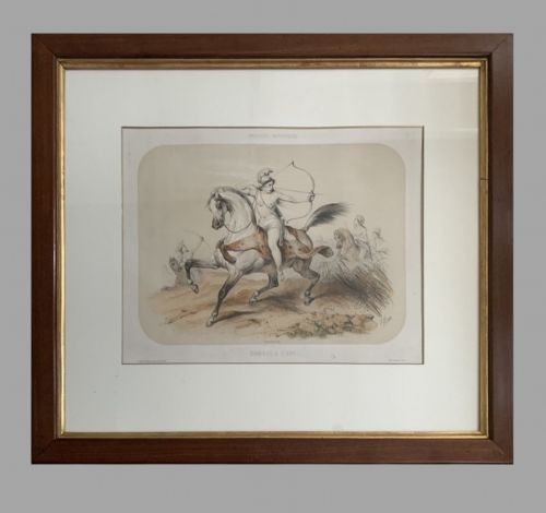 fig 6. A set of six framed nineteenth-century lithographs depicting classical Amazon riders on horses, presented in dark timber frames with gilt inner slips.