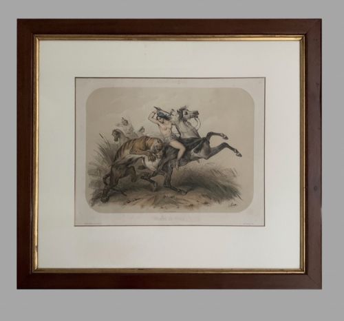 fig 7. A set of six framed nineteenth-century lithographs depicting classical Amazon riders on horses, presented in dark timber frames with gilt inner slips.