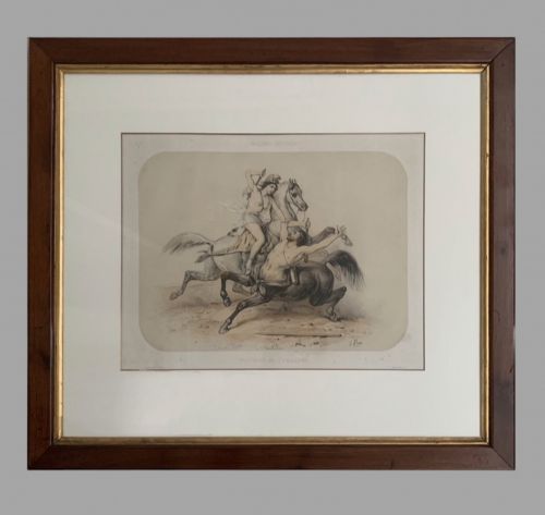 fig 8. A set of six framed nineteenth-century lithographs depicting classical Amazon riders on horses, presented in dark timber frames with gilt inner slips.
