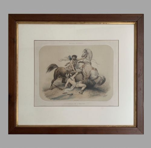 fig 9. A set of six framed nineteenth-century lithographs depicting classical Amazon riders on horses, presented in dark timber frames with gilt inner slips.
