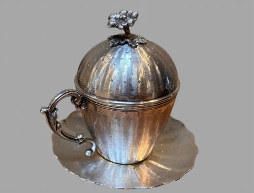 A Turkish Silver Cup with Decorative Lid and Saucer C1900