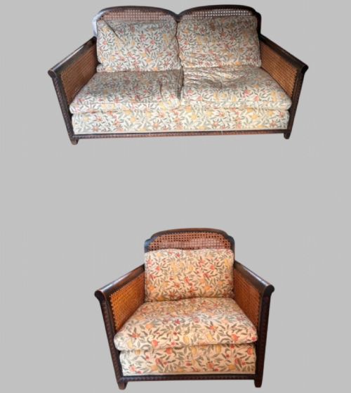 An Edwardian Oak Two Seater Bergere Cane Sofa and Chair