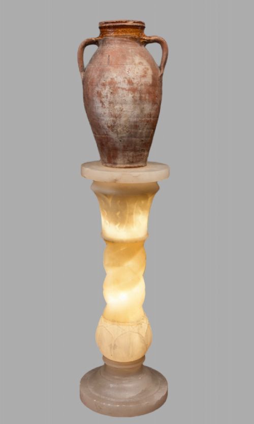 An Interesting Carved Alabaster Pedestal Column Lamp C1930