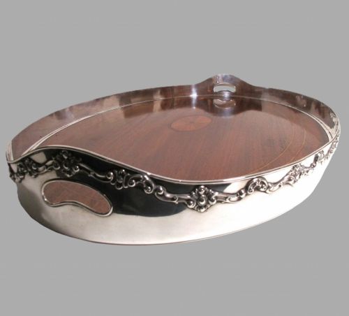 fig 1. Shreve & Co Large Sterling Mahogany Glass Overlay Gallery Tray - C 1910