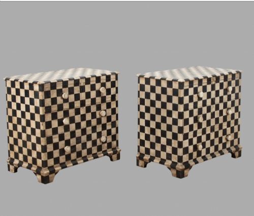 A WONDERFUL PAIR OF CHEQUERED PAINTED CHEST OF DRAWERS C1865