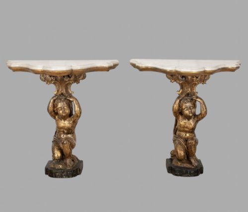A FABULOUS PAIR OF 19THC MARBLE TOPPED ITALIAN GILT CONSOLE TABLES