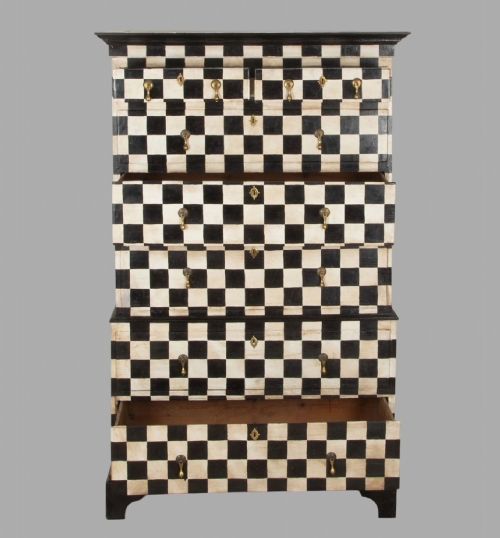 A HIGHLY DECORATIVE 19TH CENTURY PAINTED CHEQUERED CHEST ON CHEST - ADDITIONAL PHOTO 2