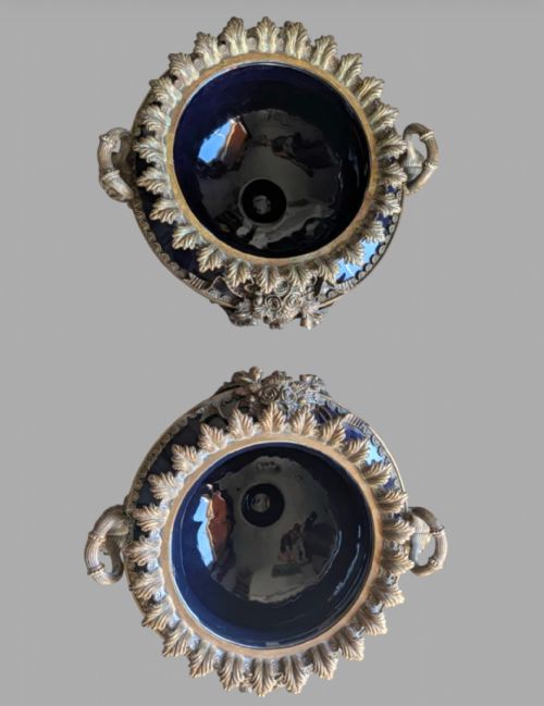 A FABULOUS PAIR OF 19TH CENTURY FRENCH BLUE CERAMIC JARDINIR'S - ADDITIONAL PHOTO 2
