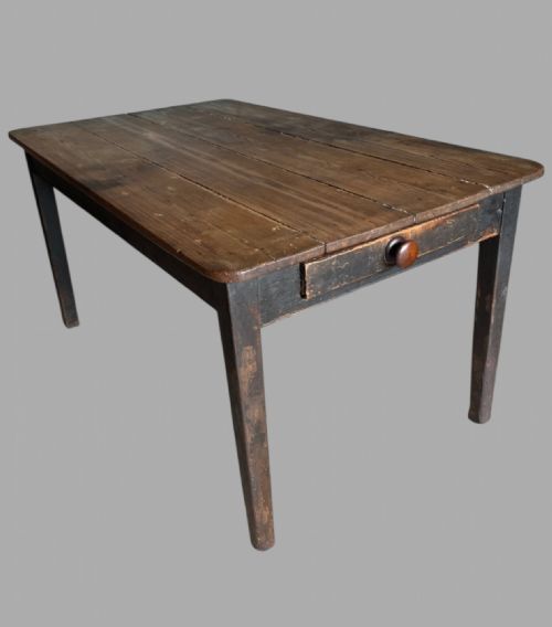 A Rustic 19thc Pine Plank Top Ebonised Farmhouse Table