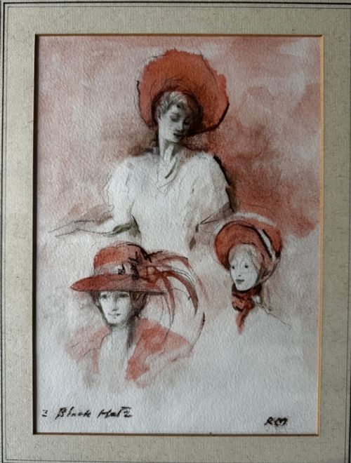 RAOUL MILLAIS 19011999 THREE BLACK HATS WATERCOLOUR - ADDITIONAL PHOTO 1
