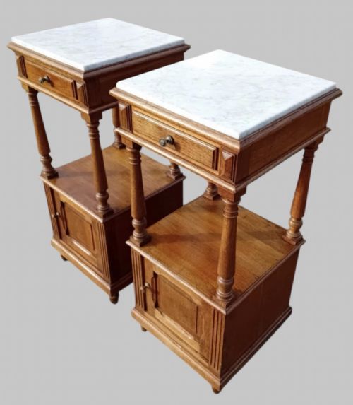 fig 1. Pair of Early 20thc Oak Marble-Topped Bedside Cabinets