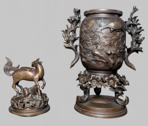 fig 2. An antique cast bronze Japanese incense burner featuring a goat finial, foliage handles, bird relief panels, and a stepped circular base.