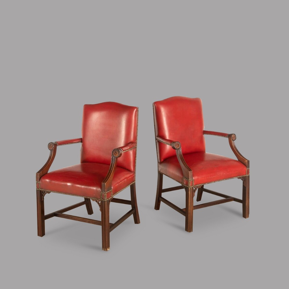 Pair of Edwardian  Leather Gainsborough Style Open Armchairs