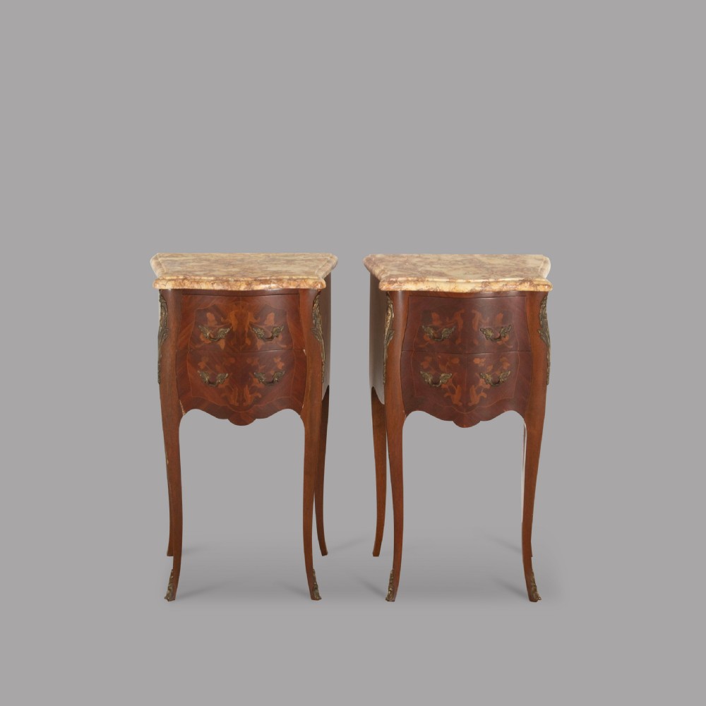 Pair of French Serpentine Side Tables with Marble Tops