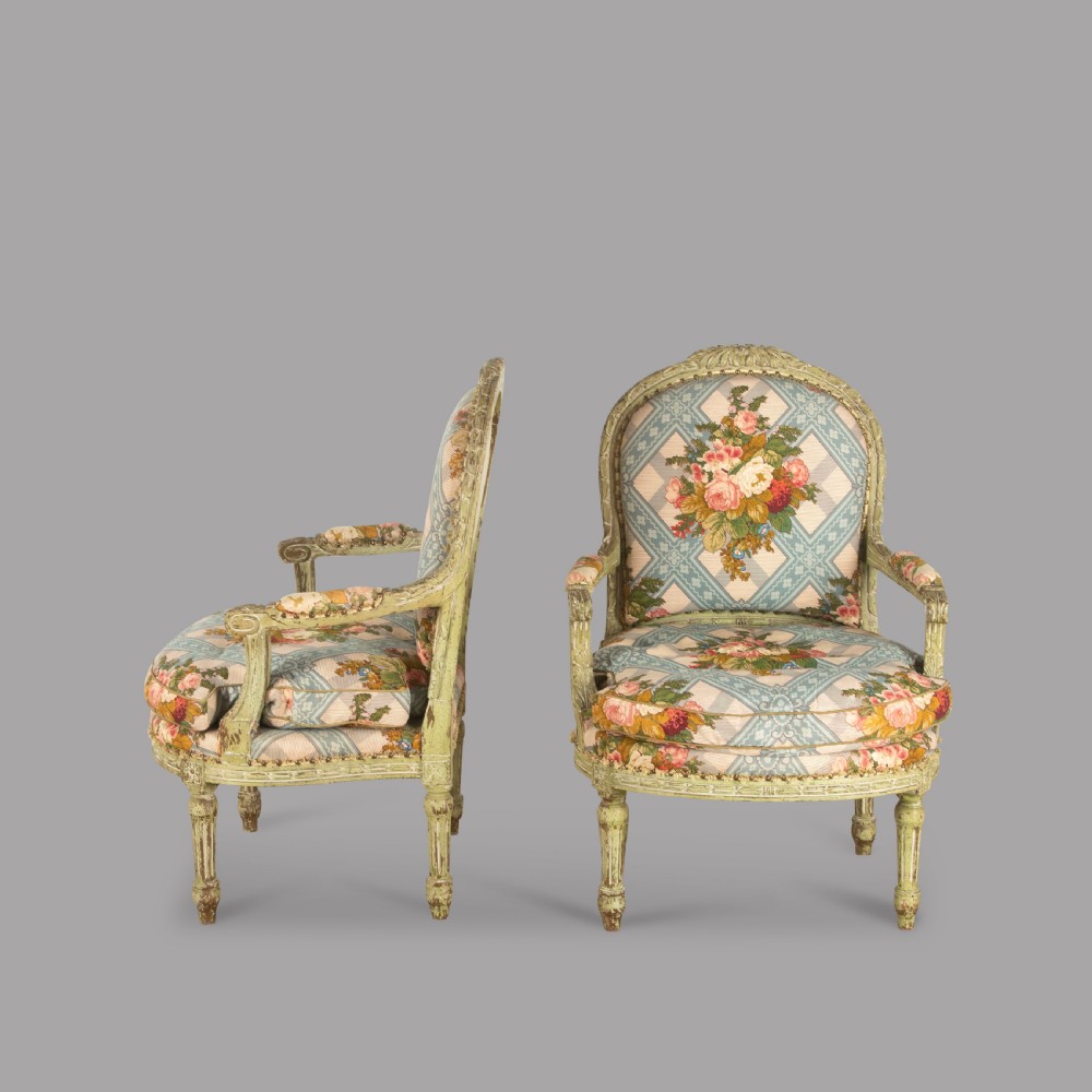 Pair of Louis XVI Style Green Painted Fauteuils View IV