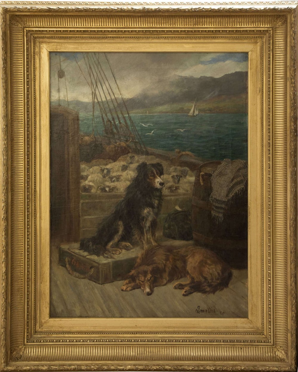 Robert Smellie - Oil on Canvas 19thc - Two Dogs on a Boat 