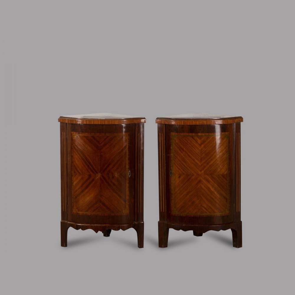 Pair of French Directoire Corner Cabinets with Mirrored Interiors and Marble Tops 