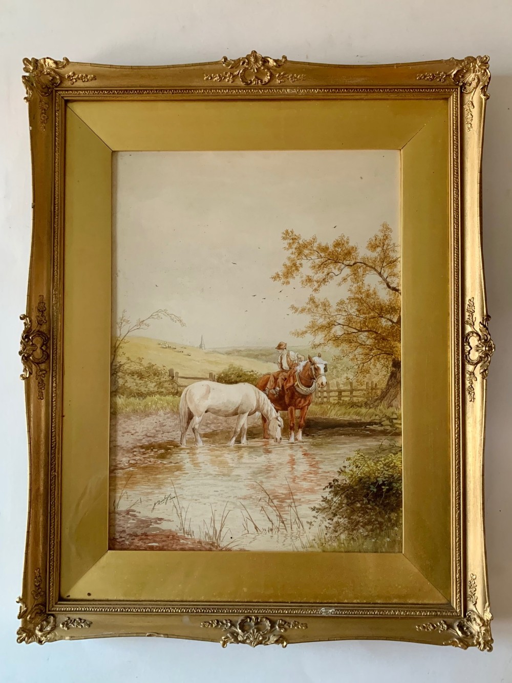 J Barclay 19thc Watercolour, Figure and Horses in Stream 