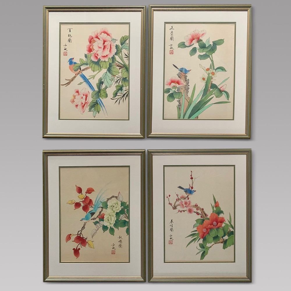 A Very Attractive Set of Four Chinese Watercolours on Silk Pictures  