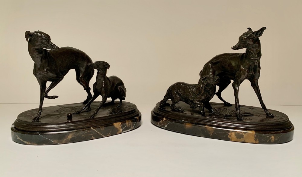 Pierre Jules Mene - Bronze Pair of Whippet,Greyhound and Spaniel